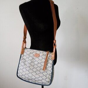 FOSSIL Scout Polka-Dot Print Coated Canvas & Tan Leather Crossbody Zip-Top